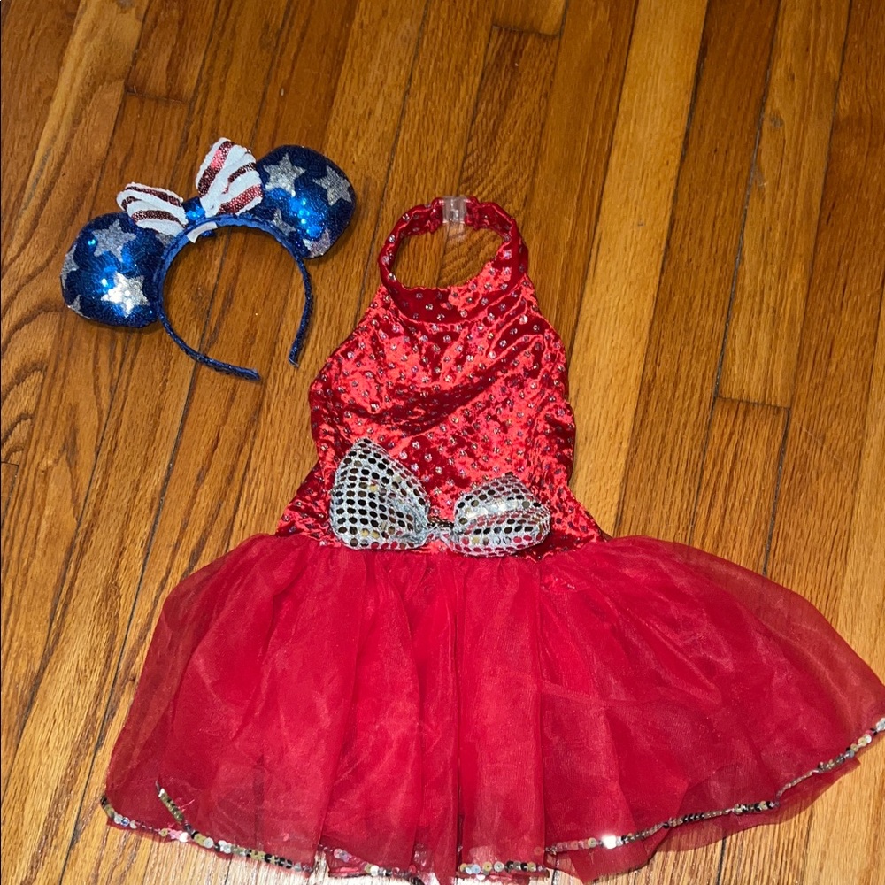 Dress-up Time: Red Sequin Kids Leotard with Tulle Skirt and Minnie Headband